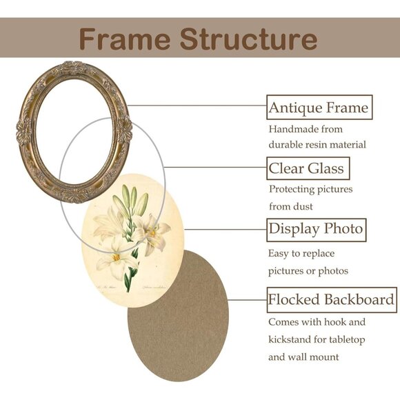 4x6 Oval Bronze Antique Ornate Picture Frames With Embossed Flower Wall Decor - Picture 4 of 9